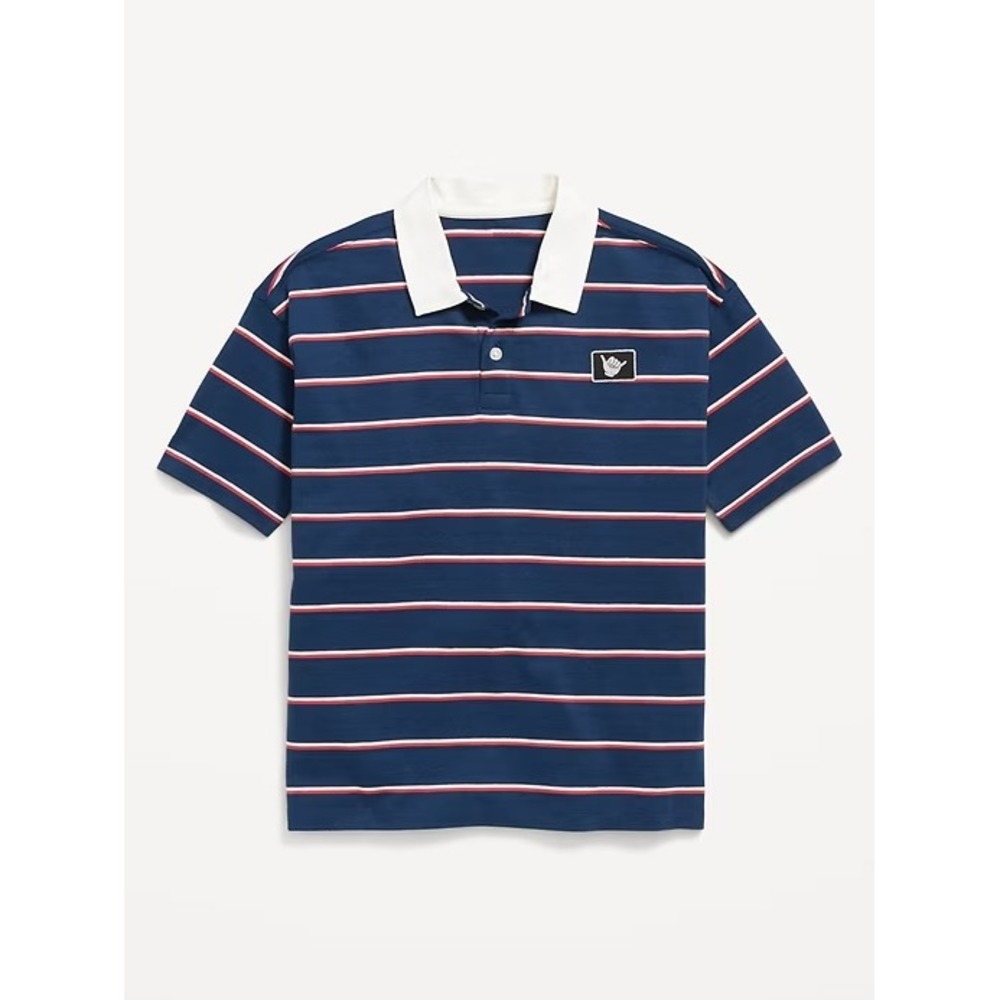 Old Navy Boys Navy Blue Striped Rugby Polo Shirt Shaka Patch Size L 10-12